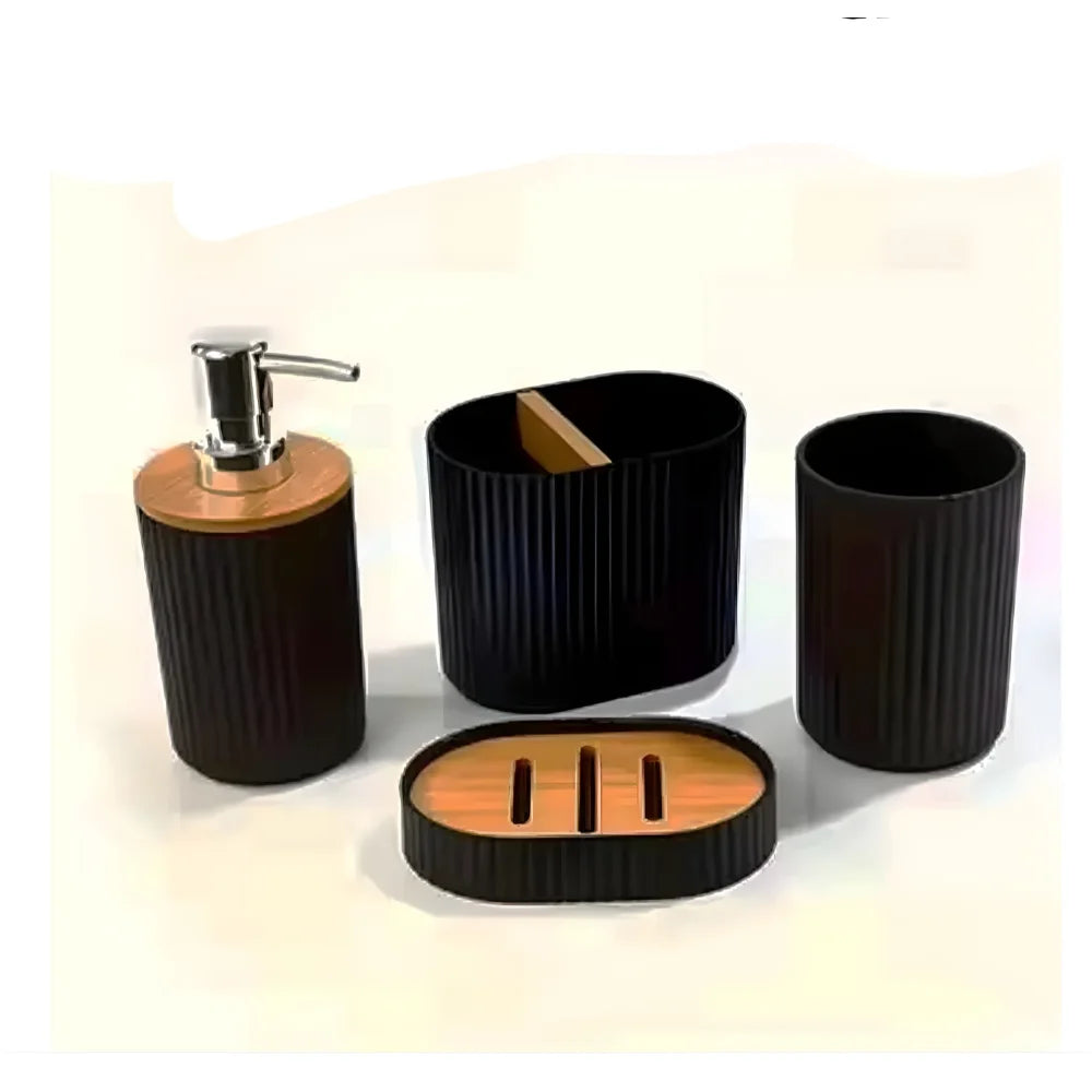 Kit de Banheiro Completo com 6 Detalhes de Utensílios em Bambu; Porta de Escova de Lixo de Sabão de Lavagem