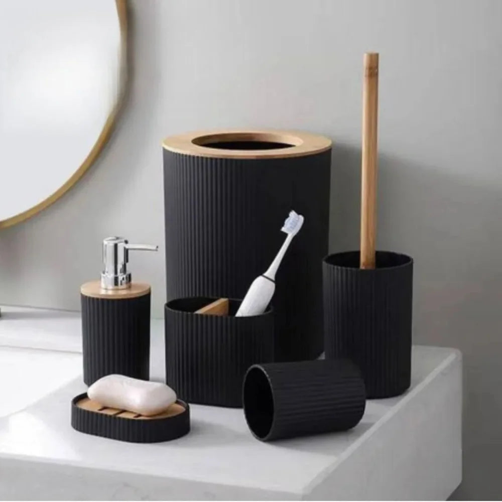 Kit de Banheiro Completo com 6 Detalhes de Utensílios em Bambu; Porta de Escova de Lixo de Sabão de Lavagem