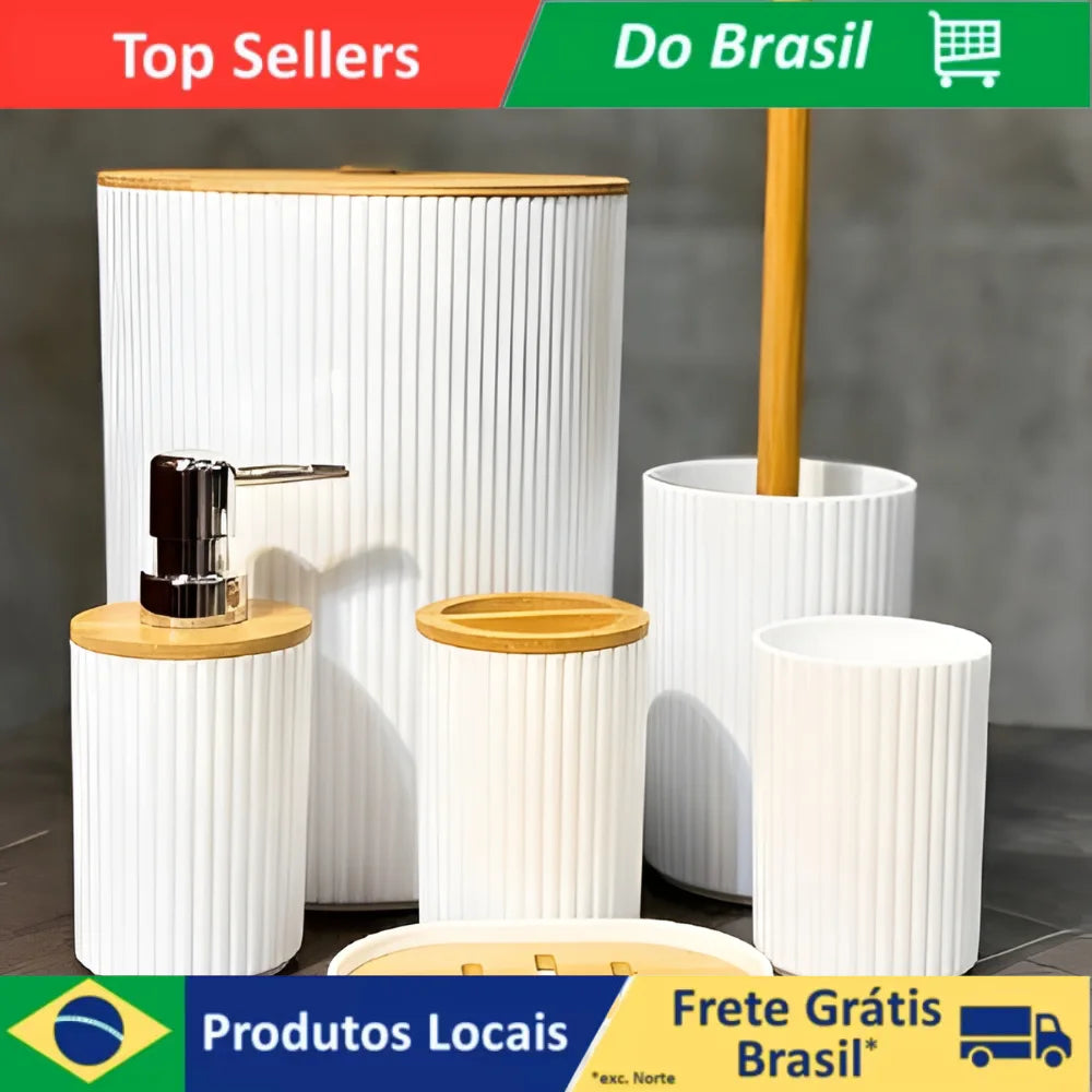 Kit de Banheiro Completo com 6 Detalhes de Utensílios em Bambu; Porta de Escova de Lixo de Sabão de Lavagem