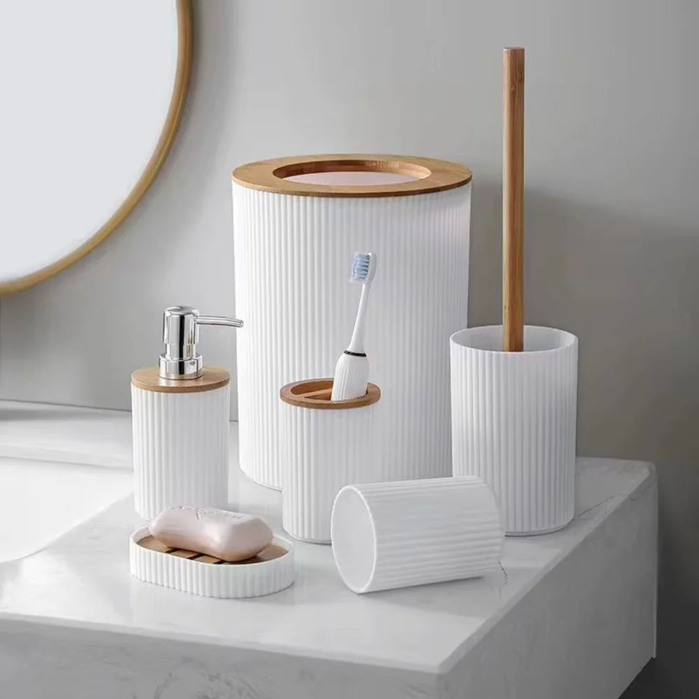 Kit de Banheiro Completo com 6 Detalhes de Utensílios em Bambu; Porta de Escova de Lixo de Sabão de Lavagem