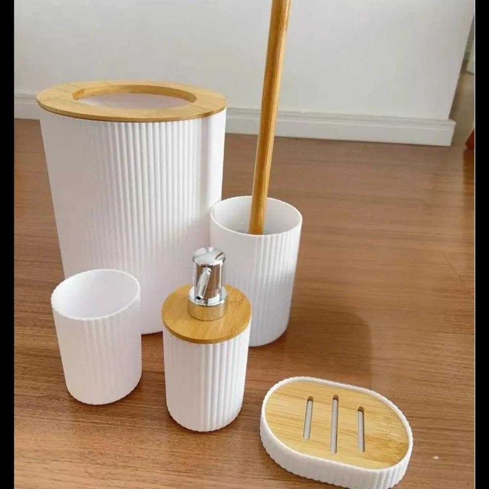 Kit de Banheiro Completo com 6 Detalhes de Utensílios em Bambu; Porta de Escova de Lixo de Sabão de Lavagem