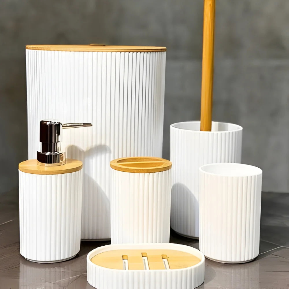 Kit de Banheiro Completo com 6 Detalhes de Utensílios em Bambu; Porta de Escova de Lixo de Sabão de Lavagem