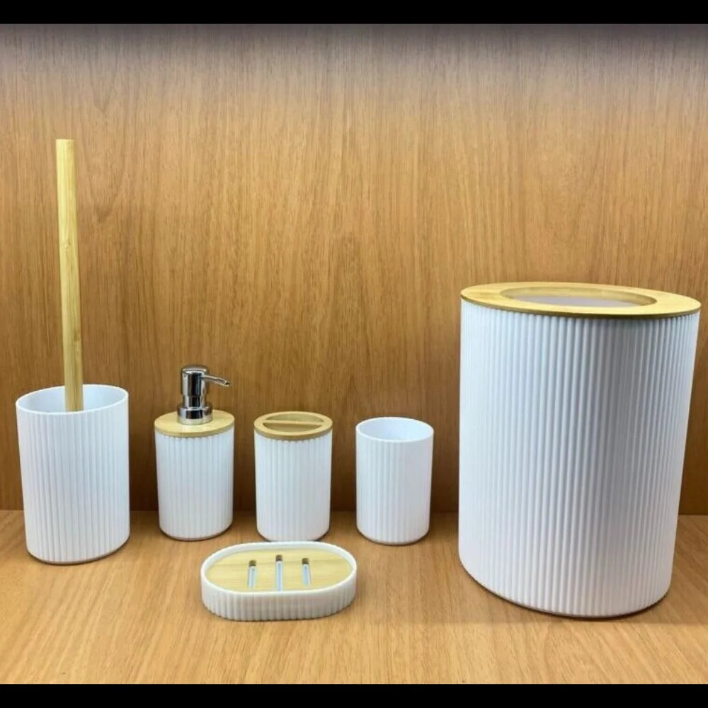 Kit de Banheiro Completo com 6 Detalhes de Utensílios em Bambu; Porta de Escova de Lixo de Sabão de Lavagem